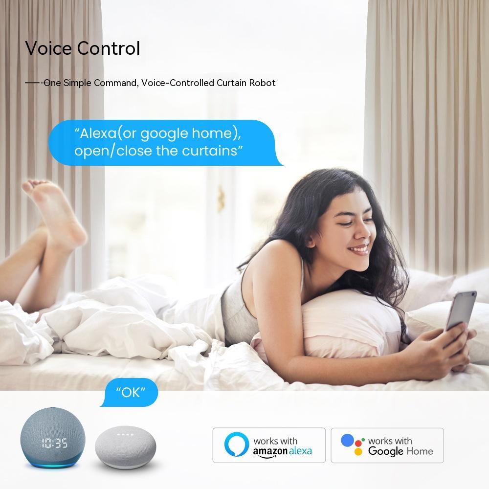 User controlling Smart Curtain Robot with voice command for convenient curtain management.