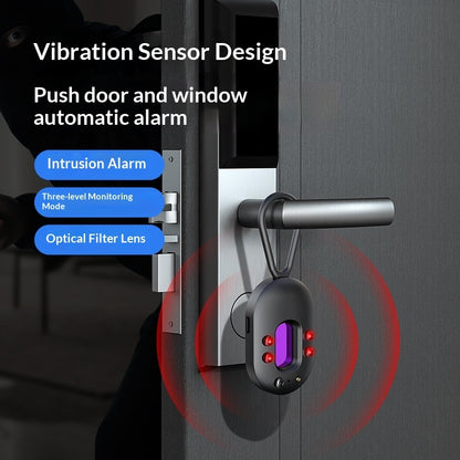 Smart Detector Hotel Camera Detection Alarm with vibration sensor design for automatic door and window intrusion alert.
