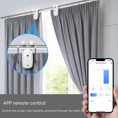 Smart Curtain Robot installation with remote control app, showcasing automated curtain opening system.